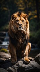 portrait of a lion sitting the rocks of a stream majestically generative AI