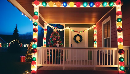 colorful christmas porch rainbow ornaments garlands
