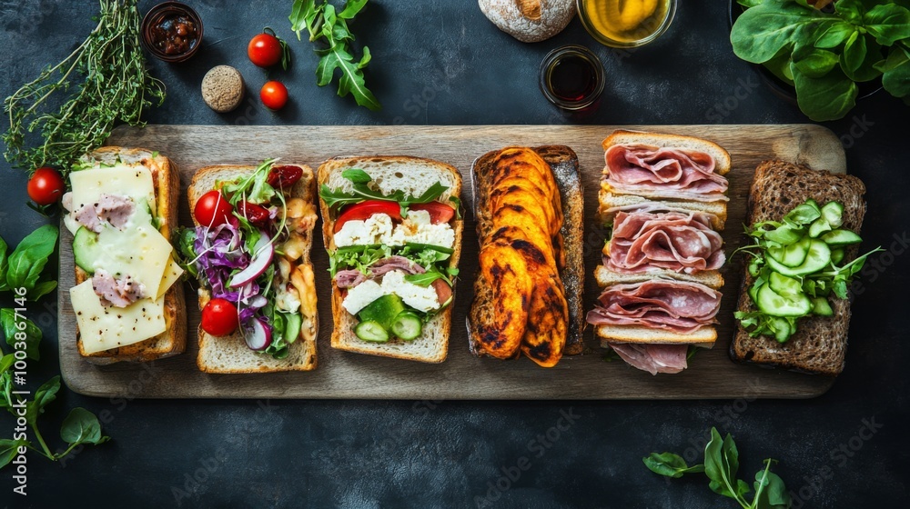 Fototapete an artistic flat lay of different types of sandwiches made with fresh bread, filled with colorful in