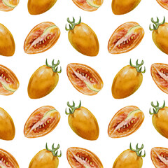 Tomatoes seamless pattern. Whole and halves. Hand drawn watercolor illustration isolated on white. For wrapping paper, textile, covers, fabric, wallpaper, scrapbooking.