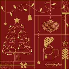 Illustration of Christmas tree and hanging decorations and hot tea, Christmas concept vector illustration.