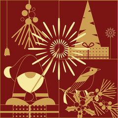 An illustration composed of Santa Claus, fir branches, red berries, birds, and a Christmas tree