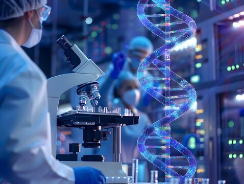 Biotech Lab Scientists Observing DNA Synthesizer Creating Data Storage Sequences - Powered by Adobe