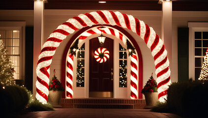 whimsical christmas porch featuring candy cane arches elves