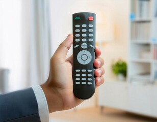 Remote control held in hand, representing device operation, control, and convenience.
