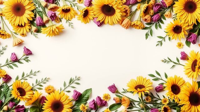 flowers on the top and bottom of looping video background, graphic design style, holiday or celebration title card, calm and engaging