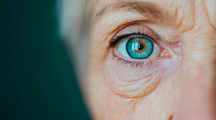 Close-up of an elderly person’s blue eye showcasing detailed textures and vivid coloration