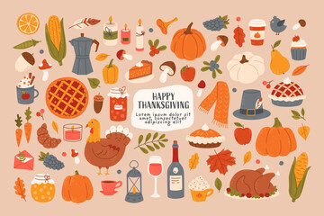 Hand drawn flat set of Thanksgiving day. Harvest festive elements, turkey, corn, pumpkin pie, wine, autumn leaves, coffee, candle. Family holiday icons for greeting card, scrapbooking, stickers, print
