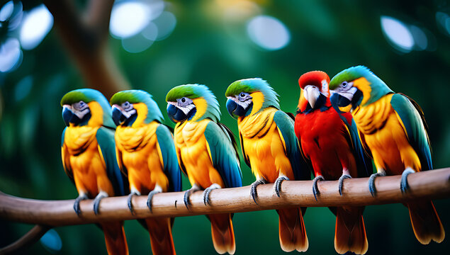 colorful araras perched together feathers forming beautiful mosaic