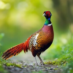 Fototapeta premium A vibrant pheasant stands majestically on a forest path. Its colorful plumage shines brightly in the soft light of nature. Ideal for wildlife photography. Experience the beauty of nature. AI