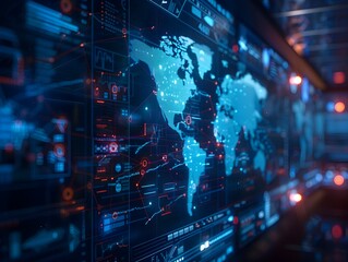 Fototapeta premium Holographic Interstellar Communication Map in Futuristic Command Center