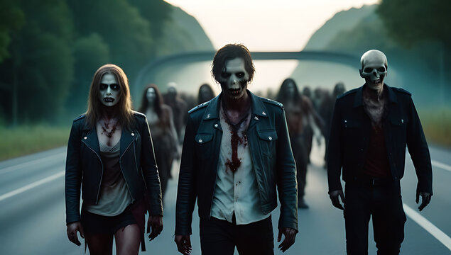 group zombies walking highway horde living dead