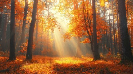 Fototapeta premium Golden Leaves Blanket the Forest Floor in Autumn Light