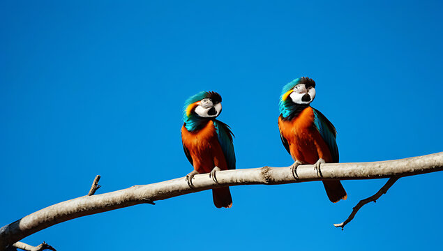 harmony color trio araras perched branch diverse plumage azure sky