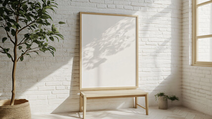 Minimalist mock-up frame leaning on a white wall with subtle greenery, 3D render.