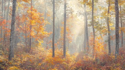 Fototapeta premium Foggy Morning in Vibrant Fall Forest