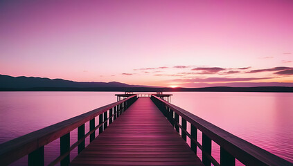 Fototapeta premium quay pier deck vibrant pink sunset lake