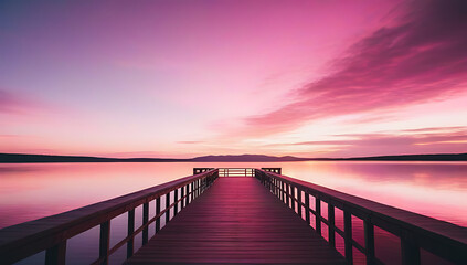 Obraz premium quay pier deck vibrant pink sunset lake