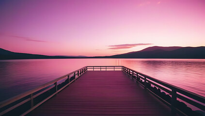 Obraz premium quay pier deck vibrant pink sunset lake