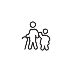 Grandparent and woman child. Intergenerational icon. Guiding hand. Elderly and child icon. Two figures, one with cane.