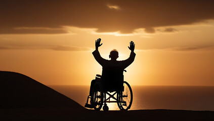 silhouette old man wheelchair praising lord sunset showing strength