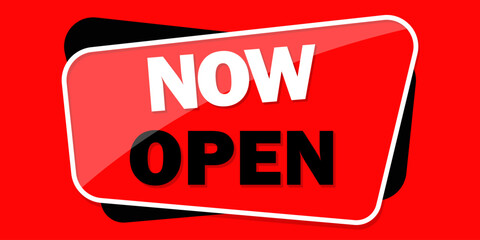 Now Open white sign on yellow background.White paper letters label. Open business concept. Access tag. Store badge