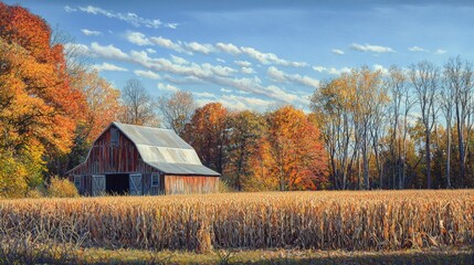 Rustic Barn Surrounded by Cornfields and Trees