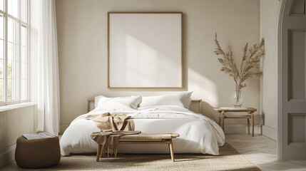 Minimalist mock-up frame displayed in a serene, neutral-toned bedroom, 3D render.