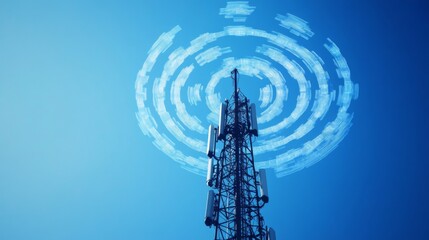 An artistic representation of wireless signals radiating from a cell tower, with a clear blue sky in the background, symbolizing the backbone of wireless communication.