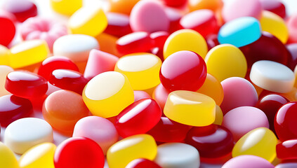 various piles colorful candy different shapes colors white background