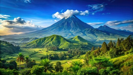 Breathtaking vista of the Virunga Mountains beneath a brilliant blue sky, embraced by vibrant greenery, creates a stunning natural scene that captivates the soul.