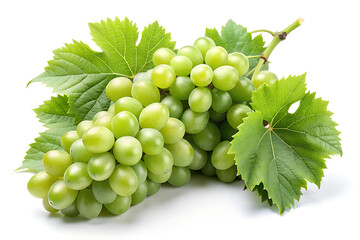 Fresh green grape with leaves isolated on white background.
