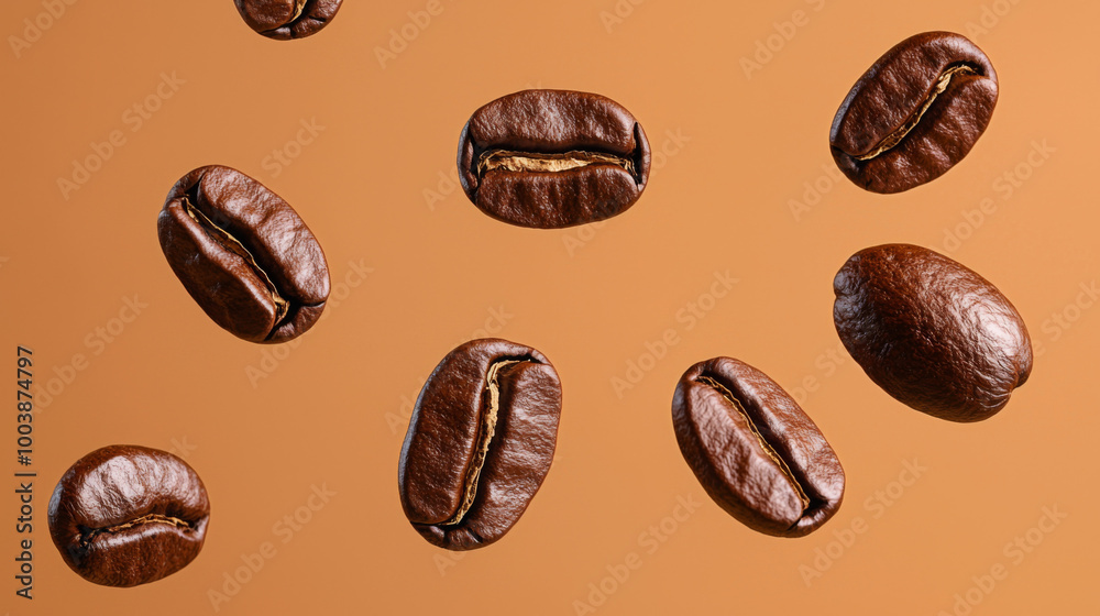 Canvas Prints floating coffee beans captured against a warm orange background in a creative arrangement