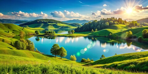 In a radiant summer landscape, verdant hills rise beneath a flawless blue sky, while serene waters mirror the