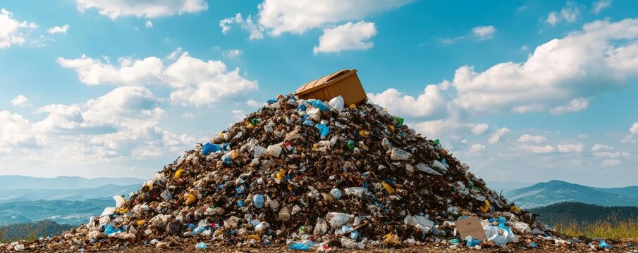 An overflowing landfill site with mountains of trash, visualizing the environmental impact of waste management
