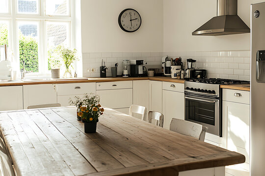 A rustic wooden table in a bright and modern kitchen.