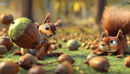 Fototapeta premium The Acorns would be a huge part of the scene, both literally and figuratively. Some of the acorns could be oversized, adding to the cartoonish feel. Nutsy might be seen trying to roll a giant acorn.
