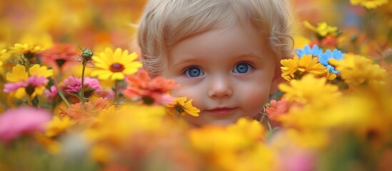 Fototapeta premium A cute baby with blonde hair and blue eyes looks up from a field of yellow, orange, and pink wildflowers.