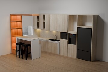 3D rendered. interior stylish kitchen set complete with white wall, vinyl floor, wooden countertops and cupboards and big fridge.