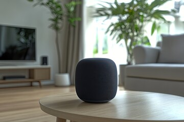 Black smart speaker on coffee table. This photo can be used to promote a smart speaker or home automation.