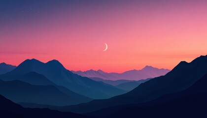 Fototapeta premium Serene mountain landscape at sunset with colorful sky and crescent moon.