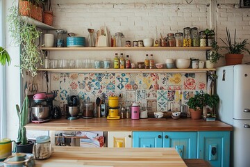 Rustic Kitchen Interior with Colorful Tile Backsplash and Vintage Appliances