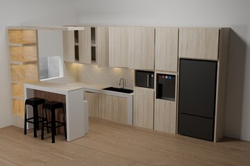 3D rendered. interior stylish kitchen set complete with white wall, vinyl floor, wooden countertops and cupboards and big fridge.