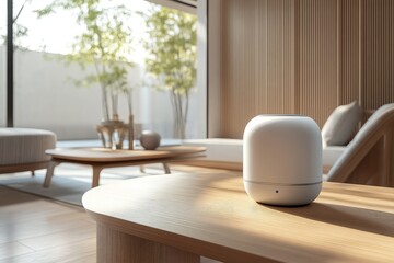 A white smart speaker on a wooden table. This image is perfect for showcasing the design of a modern smart speaker.