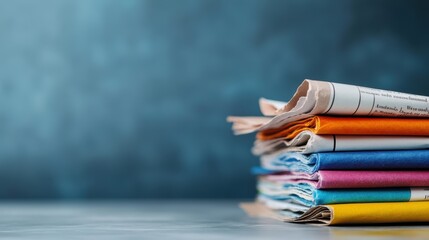 Stack of colorful newspapers on a table with a blurred background.