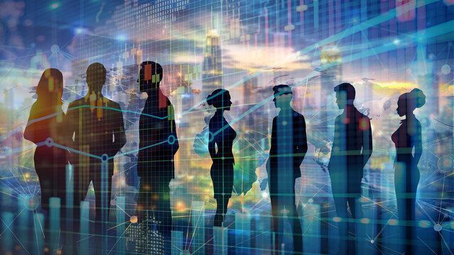 Finanzen Aktien und Banking Strategie - Silhouette eines Teams von der Skyline einer Stadt und B&ouml;rsen Charts - Digitale Auswertung und Analyse 