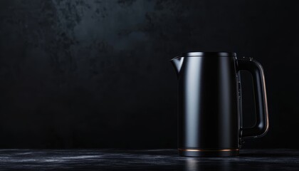 Stylish black kettle on a dark backdrop, ideal for modern kitchen aesthetics.