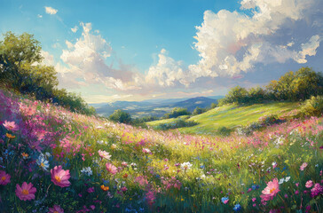 Obraz premium Serene Hillside in Spring: An Impressionist Painting Perfect for Tranquil Spaces and Nature Lovers