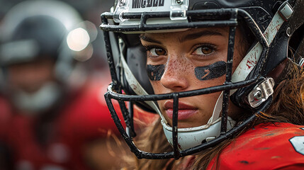 Obraz premium A female athlete in the midst of a football game, her focus and determination clear as she leads her team with skill and strategy