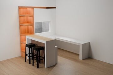 3D rendered. interior stylish kitchen set complete with white wall, vinyl floor, wooden countertops and cupboards and big fridge.